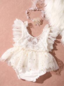 Newborn Baby Girl Photography Outfit, 3D Butterfly Decor Shiny Star Triangle Romper With Pearl Headband Set, Lace Trim Photo Romper - White - View 9