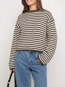 Women's Autumn Brown & White Striped Knit Sweater, Loose Fit, Round Neck, Long Sleeve, Dropped Shoulder, Short Length, Commuter Relaxed Style Fall - Khaki - View 4
