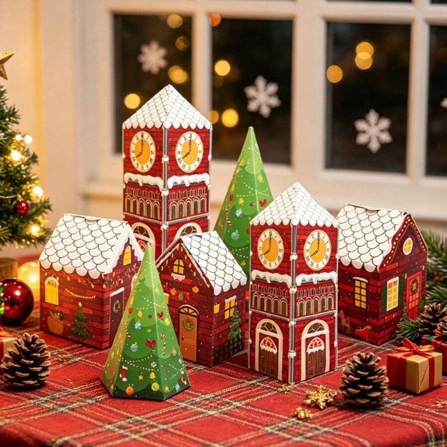 24 Pcs Christmas House Shape Gift Boxes With 24 Pcs Stickers Xmas Tree Candy Wrapping Paper Boxes For Christmas Birthday Party Decor Supplies - Multicolor - View 1