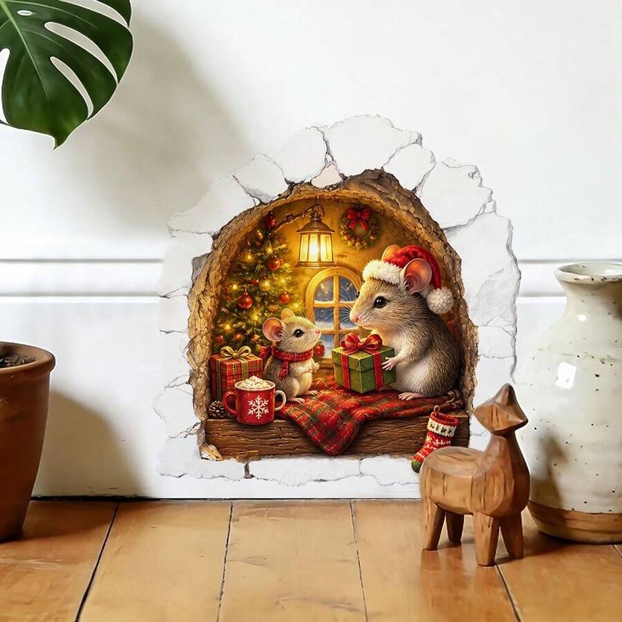 1pc 2D Christmas Window Sticker Squirrel Pine Branch Gift Pine Cone Red Gold Decorative Ball Warm Cute Window Glass Self-Adhesive Decorative Sticker - Multicolor - View 1