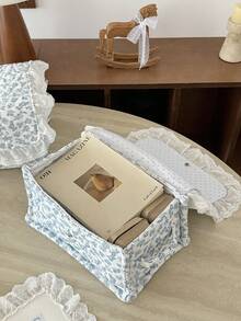 Cream White Base Blue Floral Quilted Storage Basket, Available In Multiple Sizes, Lace Ruffle Flap Design, Fabric Organizer Bin For Vanity Cosmetics - View 7