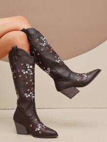 planare New Women's Popular Fashion Retro Western Style With Embroidered Floral Design Slip-On Pointed Toe Chunky Heel Brown Mid-Calf Boots - Brown - View 5