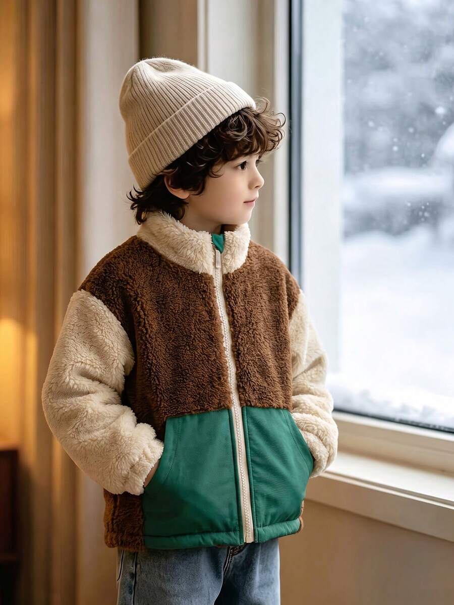 Boys' Casual Fashion Drop Shoulder Colorblock Double-Sided Fleece Stand Collar Zip-Up Jacket, Autumn/Winter - Brown - View 1
