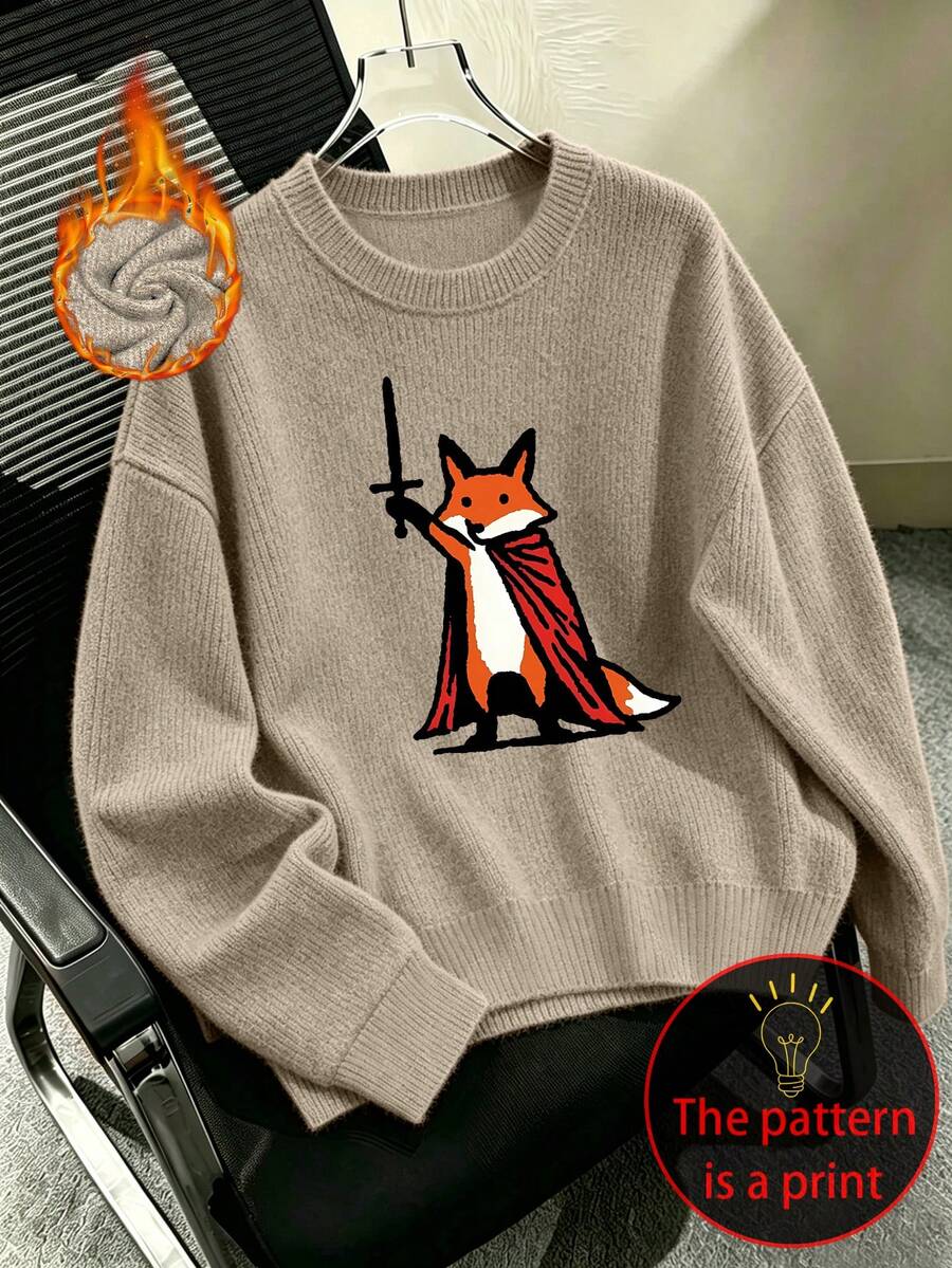 Plus-Size Women's Casual Knit Sweater, Little Fox Warrior Print, Round Neck Long Sleeves, Versatile, Perfect For Fall And Winter, Women's Top. - Camel - View 1