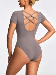 1 pieza Mono de cuello redondo de manga corta gris, diseño de espalda cruzada con lazo y hueco, entrepierna con broches, control de abdomen sin costuras con elasticidad en 4 direcciones, suave y cómodo para la piel, se puede usar como capa interior o exterior, combinar con jeans, faldas para ir al trabajo, volver a la escuela, fiesta, Halloween, fitness, casual, calle, mono base para capas diarias - Púrpura polvoriento - Ver 2