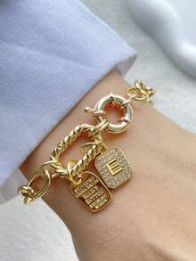 1PC Luxury Screw Buckle A-Z Initial Letter Bracelet,Double Colorful Climbing Chain,Double Buckle Letter Double Chain,For Celebrating Holiday Daily - Yellow Gold - View 11