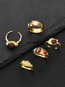5pcs Vintage Ring Set, Men's Punk Style Colorful Faux Gemstone Stackable Rings, Hip Hop Personalized Accessories, Streetwear - Multicolor - View 3