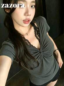 女款短袖T恤，蕾絲肩部設計，修身版型，2合1上衣，夏季款 - 灰色 - 查看 3