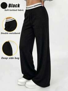Women's Plus Size Straight Leg Casual Pants, Fashion Patchwork Contrast Color Double Waistband, Loose Fit Drawstring Knit Pants, Suitable For Streetwear - Black - View 1