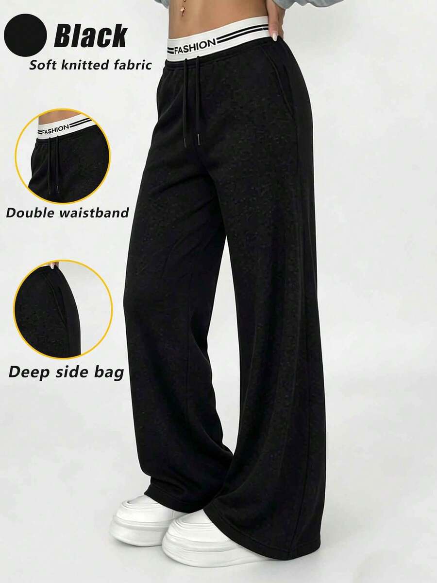 Women's Plus Size Straight Leg Casual Pants, Fashion Patchwork Contrast Color Double Waistband, Loose Fit Drawstring Knit Pants, Suitable For Streetwear - Black - View 1