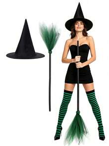 Women Halloween Witch Costume Accessory Set, Pointed Witch Hat & Tulle Broom Prop, Cosplay Fancy Dress Supplies For Halloween Party Masquerade - Multicolor - View 4