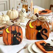 1/2pcs 3D Wooden Pumpkin & Black Cat Figurine Set, Vintage Halloween Desktop Decor, Freestanding Pumpkin Cat With Burlap Bow, Suitable For Tiered Tray, Fireplace Mantel, Indoor Home Party Decoration - Multicolor - View 9