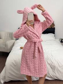 Autumn/Winter Girls' Rabbit Ear Hooded Bathrobe, Gentle Light Pink Heart Jacquard Texture With Outstanding Quality. Long Sleeve Open Front Wrap Design With Waist Tie For Easy Shaping, Fluffy Fleece Fabric For Warmth And Softness Without Pressure. Loose Mid-Length Cut For Comfortable And Relaxed Fit, Perfect For Home And Morning Wear, Cute And Healing - Pink - View 7