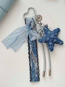 1pc Cute Denim Star Keychain, Sequin Star Bag Charm With Ribbon Bow And Carabiner Clip, Y2K Fashion Pendant For Backpack And Handbag - Multicolor - View 3