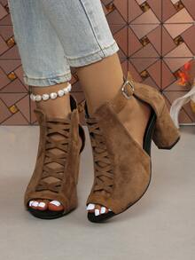 Women's High Heel Sandals Chunky Heel Open Toe Hollow Out Booties Back Zipper High Top Sexy Fashion Sandals Plus Size - Khaki - View 3