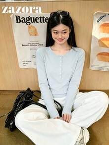 Korean Style Sweet & Spicy Niche Henley Collar Long Sleeve T-Shirt, Slim Fit Flattering Base Layer, Button Front Shoulder Top, Early Autumn - Blue - View 5