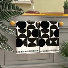 2pcs Modern Geometric Kitchen Dish Cloths, Black And White Abstract Circle Color Block Print Napkins, Minimalist Home Kitchen Decor Hand Towels - Black and White - View 7