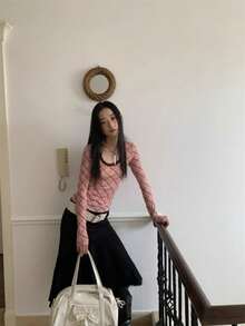 Autumn/Winter/Spring Plaid Slim Fit Pink Inner Layer Long Sleeve T-Shirt Women's Top Design - Pink - View 9