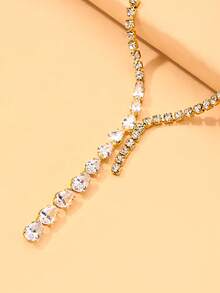 outingfit 1pc New Y-Shaped Tassel Necklace, European And American Fashion Water Drop Rhinestone Collarbone Chain, Women's Accessory - Gold - View 4