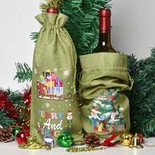 6pcs Christmas Wine Bottle Decoration Bags, Colorful Linen Christmas Pattern Printed Wine Bottle Drawstring Bags, Multiple Patterns And Colors Available - View 3