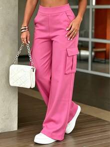 Women's Casual Plain Color Pocket Cargo Pants, Versatile Daily Wear, Spring/Autumn/Winter - Hot Pink - View 2