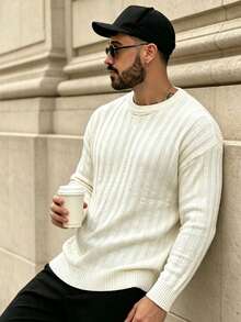 Lookun Autumn Winter Korean Style Men's New Drop Shoulder Minimalist Casual Anti-Pilling Textured Solid Color Crew Neck Pullover Knit Long Sleeve Sweater Knit Top - Apricot - View 2
