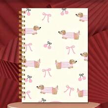 1pc 14*21cm Spiral Notebook, Cute Cartoon Dachshund Design For School, Home, Office, Note Taking, Journaling, Daily Planner, Sausage Dog Pink Stripe Outfit Bow Cherry Cream Background Pattern - Multicolor - View 1