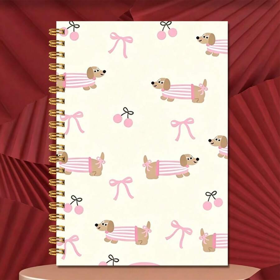 1pc 14*21cm Spiral Notebook, Cute Cartoon Dachshund Design For School, Home, Office, Note Taking, Journaling, Daily Planner, Sausage Dog Pink Stripe Outfit Bow Cherry Cream Background Pattern - Multicolor - View 1