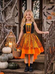 Young Girls Sleeveless Lace Spider Web Satin Elegant Long Train Halloween Party Princess Dress Suitable For Ball, Basket Not Included - Multicolor - View 1