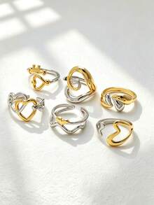 6pcs 18K Gold Plated Stainless Steel Ring Set, Heart Shape, Ins Style, Waterproof Jewelry, Elegant Rings, Stackable Rings, Gold Tone Jewelry Set, Exquisite Gift - Multicolor - View 2