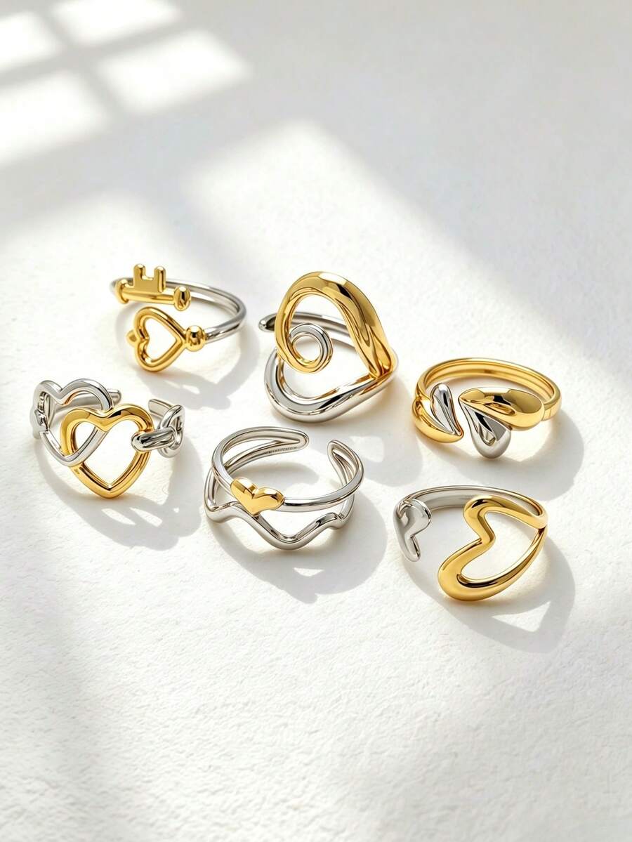 6pcs 18K Gold Plated Stainless Steel Ring Set, Heart Shape, Ins Style, Waterproof Jewelry, Elegant Rings, Stackable Rings, Gold Tone Jewelry Set, Exquisite Gift