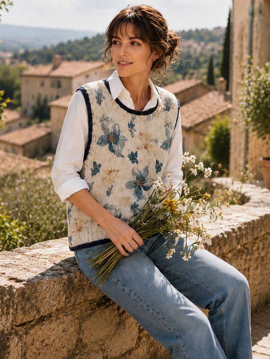 新款秋季女款圓領無袖針織背心,拼色針織飾邊上衣,優雅寬鬆針織,日常與旅行風格秋季款 - 淺藍色 - 查看 1