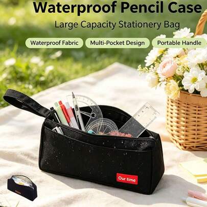 Large Capacity Canvas Pencil Case, Portable Makeup Bag, Multi-Functional Stationery And Cosmetic Organizer Bag, Durable Fabric With Front Pocket And Handle, Suitable For School, Office, Travel And Daily Use, Minimalist Solid Color Design Gift