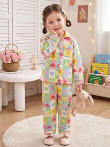 2pcs/Set Girls' Textured Cardigan Loungewear Set, Spring/Autumn/Winter, Cute Dopamine Heart Pattern Print, Front Open Button-Up Top, Elastic Waist Long Pants, Soft Versatile Casual Home Wear For Young Girl, Sweet And Youthful - Green - View 1