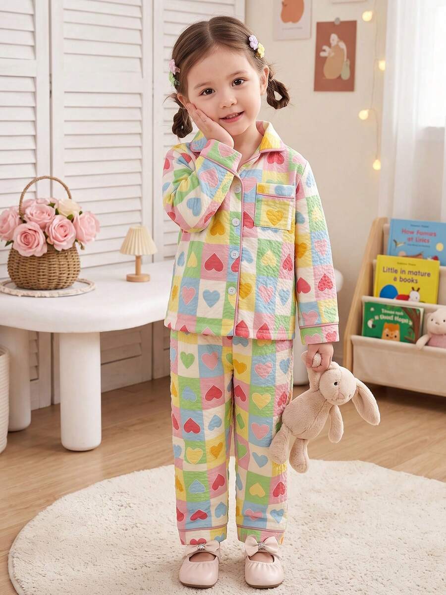 2pcs/Set Girls' Textured Cardigan Loungewear Set, Spring/Autumn/Winter, Cute Dopamine Heart Pattern Print, Front Open Button-Up Top, Elastic Waist Long Pants, Soft Versatile Casual Home Wear For Young Girl, Sweet And Youthful - Green - View 1