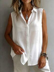 Women's Fashionable Sleeveless Collared Shirt, Versatile Loose Casual Commute Camisole Top, Semi-Sheer Solid Color With Front Button Closure, Everyday Wear - White - View 4