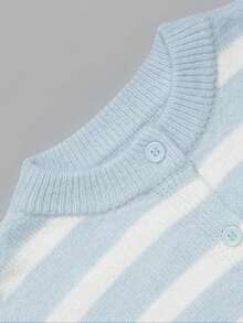 Women's Autumn Blue & White Striped Knit Cardigan, Round Neck, Button Front, Lantern Sleeves, Ribbed Hem, Casual Back To School Daily Top - Blue and White - View 4