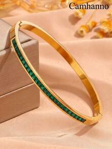 1 Pieza Moderno Brazalete De Acero Inoxidable Y Circonita Cúbica Adecuado Para Mujeres - Dorado - Ver 5