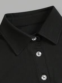 Women Fall Black Shirt Collar Bodycon Mini Dress, Long‑Sleeve Rhinestone Buttons Ruched Waist Lace Trim Hem Dress For Party Halloween Date Work - Black - View 4