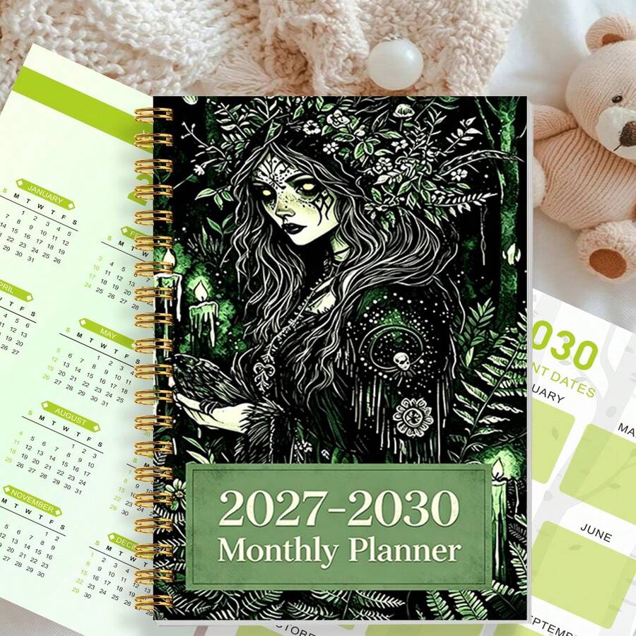 1pc A5 2027‑2030 4‑Year Monthly Planner, Spiral Bound Witchy Nature Journal Notebook, Dark Forest Green Witch With Fern Floral Crown & Raven Art Print, Monthly Schedule Organizer, Perfect Stationery Gift For Gothic & Nature‑Themed Aesthetic Fans - Multicolor - View 1