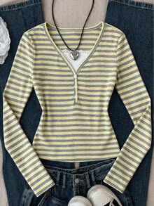 Girls' Yellow & Gray Striped V-Neck 2 In 1 Long Sleeve T-Shirt, Lace Patchwork Half-Button Fitted Cropped Stretch Base Layer - Yellow - View 2