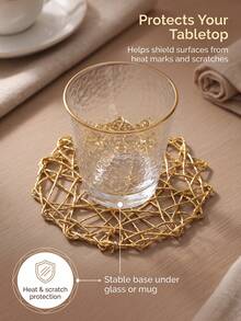 6pcs Shiny Gold Hollow Woven Placemats, PVC Material Round Coffee Cup Coasters, Washable, Easy To Clean, Wipeable, Non-Slip, Heat Resistant, For Room Decor, Home Dining Table Decor, Home Decor, Suitable For Holidays, Parties, Birthdays, Weddings And Dinner Parties - Multicolor - View 2