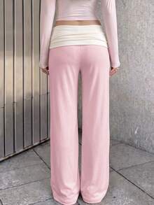 SCARLUX Summer & Autumn Y2K Women's Solid Pink Flare Pants, Folded Low Waist Casual Long Pants, Suitable For Back To School Streetwear - Pink - View 9