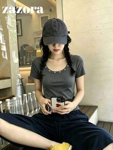鉚釘圓領針織上衣，百搭修身小眾短袖顯瘦上衣，微低領，女款休閒夏季服飾 - 灰色 - 查看 5