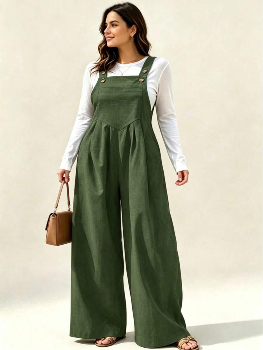 IGKEEL Plus Size Women's Pleated Wide Leg Casual Solid Color Jumpsuit With Pockets, Spring/Summer
