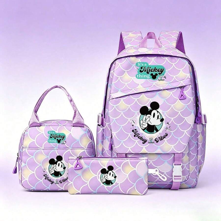 Miniso Disney BackpackSet, 3-In-1 It's A Mickey ThingAnime Daypack With Insulated Lunch Bag & Pencil Pouch, Purple Mermaid Scale Pattern For Daily & Travel - Color 1 - View 1