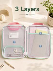 1Pc Cute Back‑To‑School Transparent Document Bag, Solid Color Edge Binding With Label Pocket, Zipper File Pouch With Portable Handle, Multi‑Layer Clear PVC File Organizer, Perfect For A4 Papers, Homework And School Supplies, Practical Storage Pouch - Multicolor - View 5