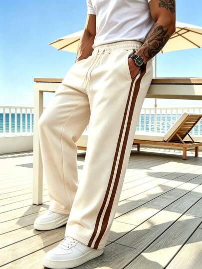 Men's Fashion Casual Sports Long Pants, Drawstring Waist, Men's Long Pants, Men's Sports Pants, Side Stripe Design, Sports Fashion, Suitable For Daily Commute, Home Leisure, Outdoor Sports And Other Occasions