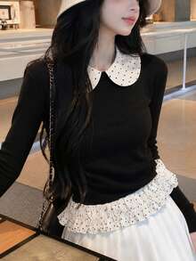 YEAE | Girly Polka Dot Print Long Sleeve Top Vacation Streetwear - Black - View 3
