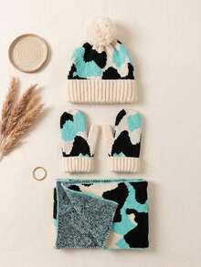 Children's Thick Warm Knitted 3-Piece Set, Colorblock Random Pattern Cute Cow Print Pom Pom Hat + Gloves + Scarf - Multicolor - View 4